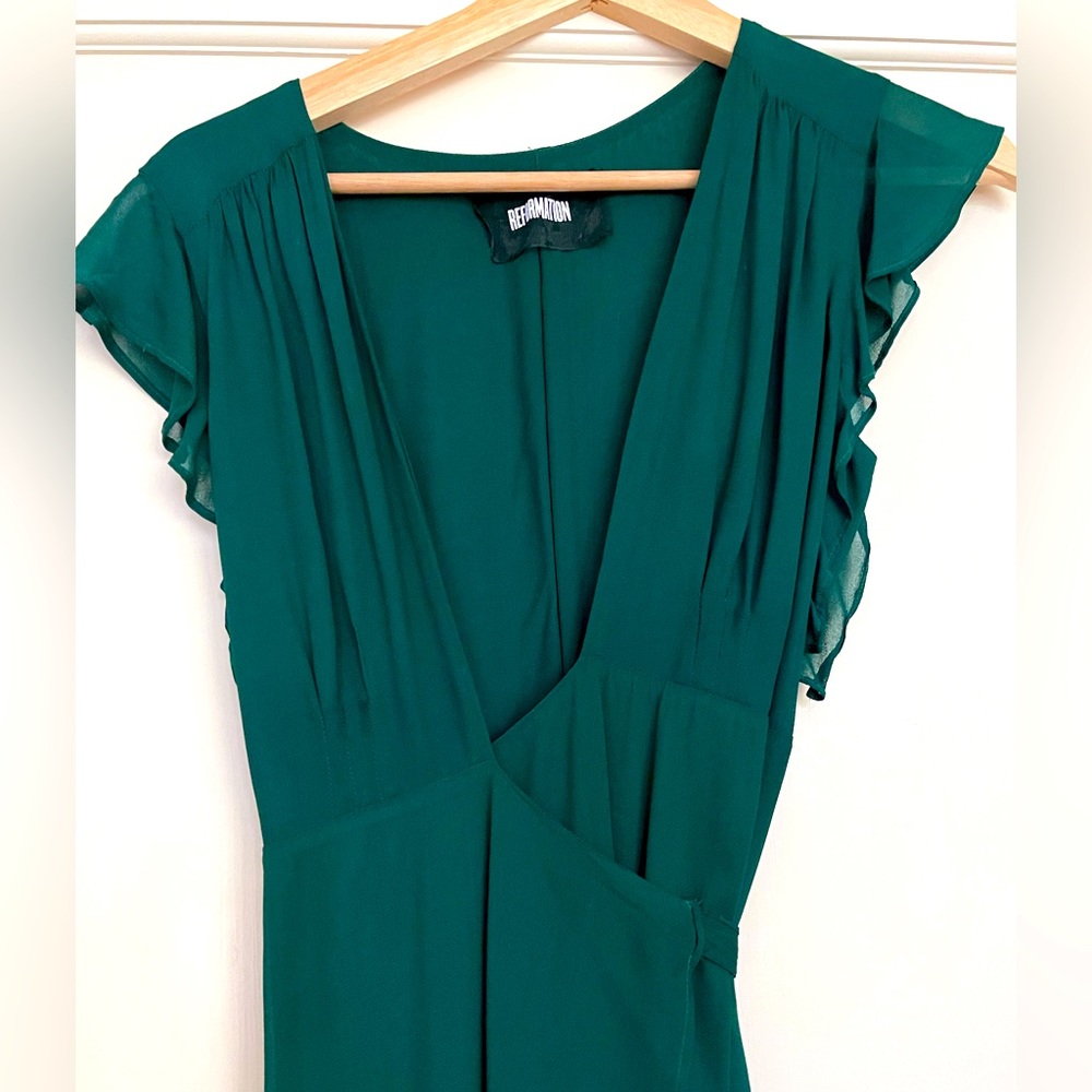 Emerald Green Reformation Wrap Dress With Flutter Sleeves